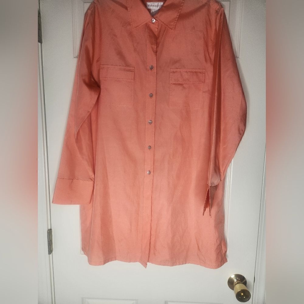 Worthington 14 SILK blend Coral 2 Pockets Longsleeves Buttons Women's TopShirt